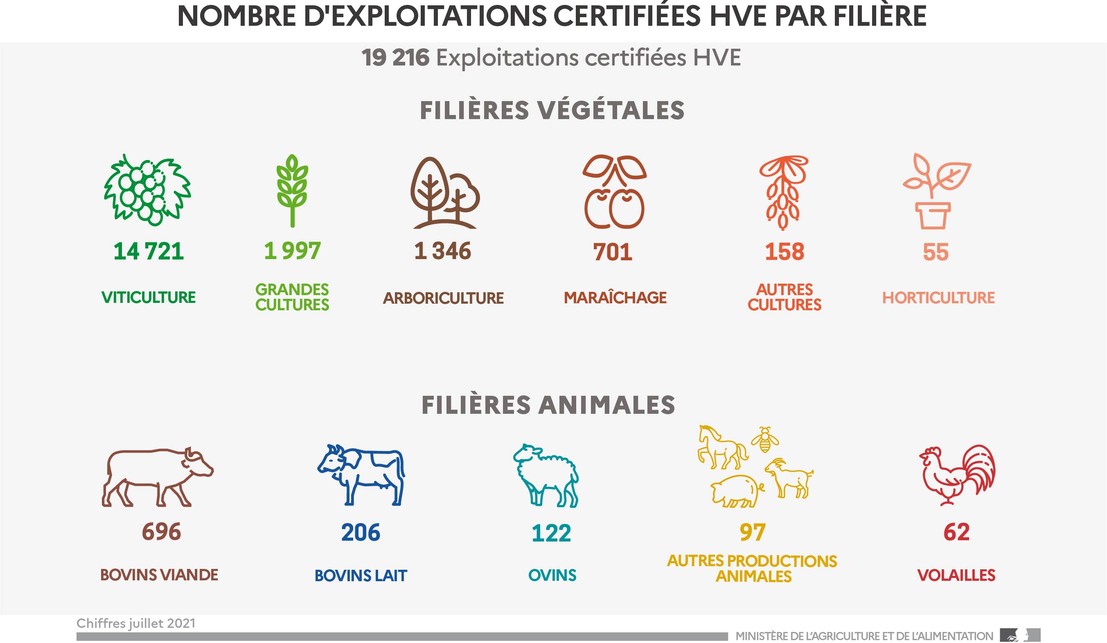 nombre d'exploitations HVE par filière en 2021
