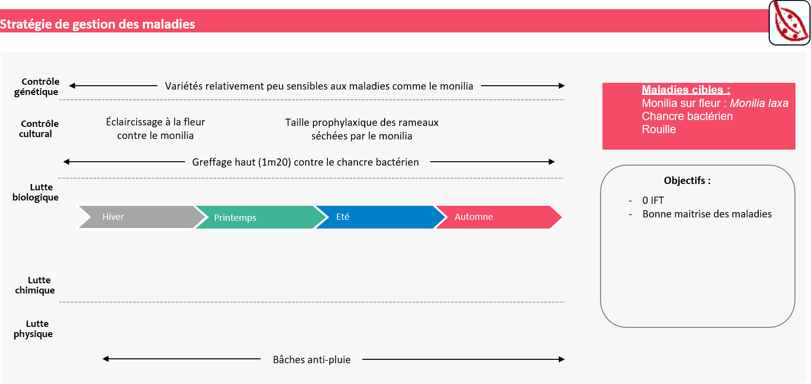 présentation de la gestion des maladies (monilia, ECA, bactériose) : bâche anti-pluie, actions prophylaxiques, choix variétal