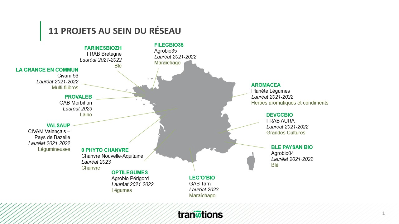Carte des 11 projets au sein du réseau
