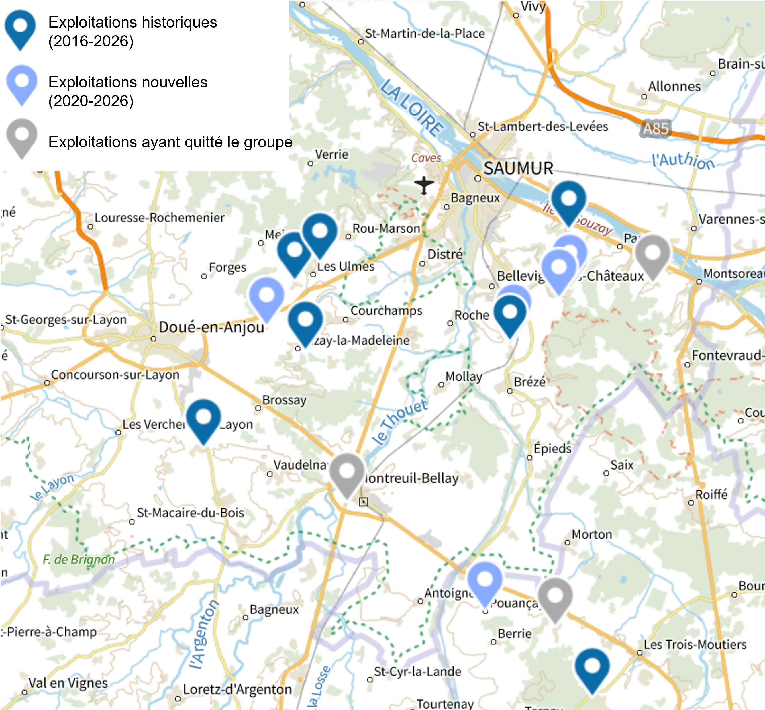 Localisation des exploitations dans le saumurois