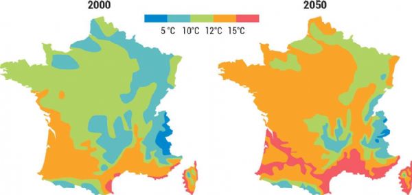 Projection de la hausse des températures moyennes sur 50 ans Source : DATAR / Météo France