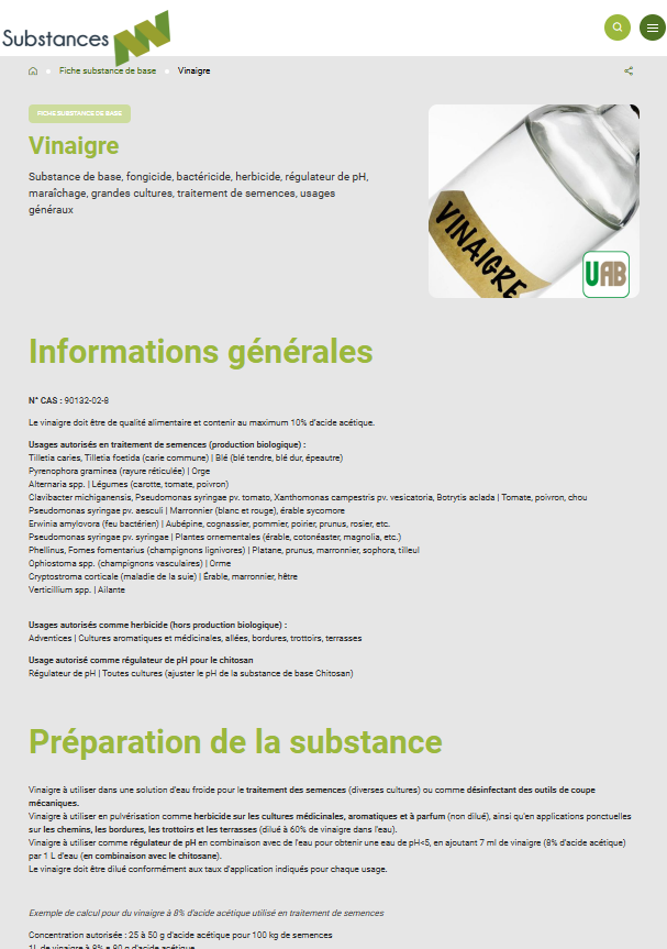 capture d'écran de l'outil substances sur la fiche du vinaigre
