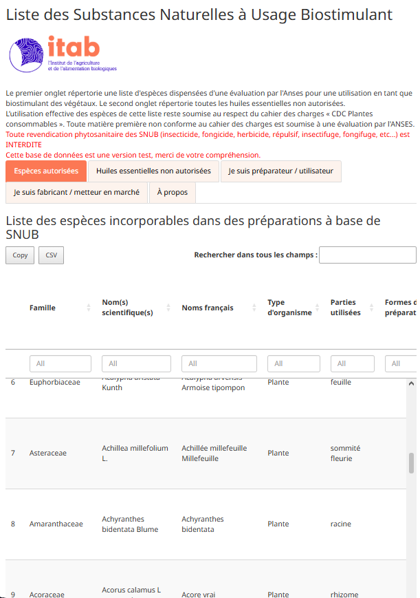 capture d'écran de la liste