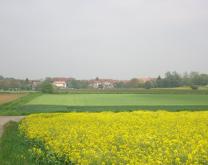 Paysage secteur avec village en arrière plan et cultures devant